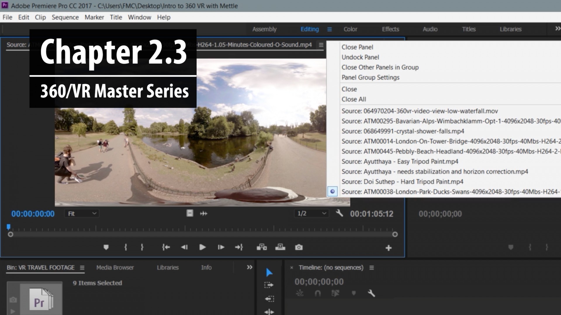 Chapter 2.3: Adding, viewing and editing 360 clips in the Source Monitor | 360/VR Master Series