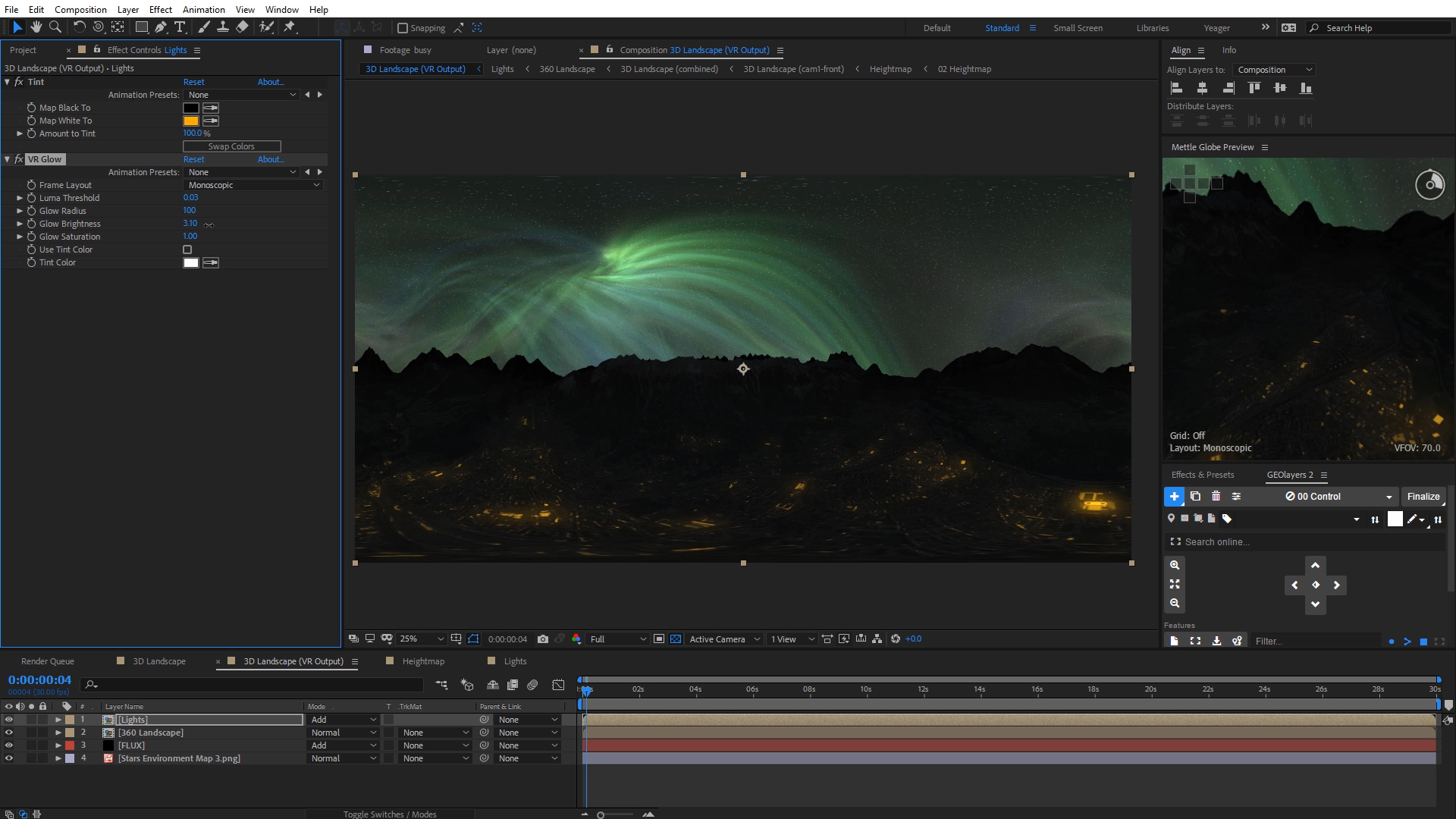 Tutorial: 360° Nighttime Scene with FLUX + FreeForm Pro + GEOlayers 2 in After Effects